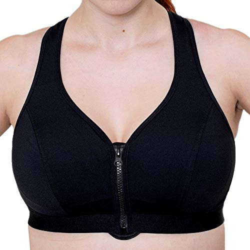 Gemm Ladies Black or White Zip Front Fastening Sports Bra Medium Impact Non Wired Active Gym (40 G, Black)