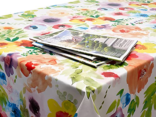 Wipe Clean PVC Vinyl Outdoor Table cloth with Parasol Hole Round 140cm - Indoor & Outdoor - Waterproof Garden Tablecloth Cover (Green, Pink Watercolour PVC Vinyl, Silver Ring Finish)