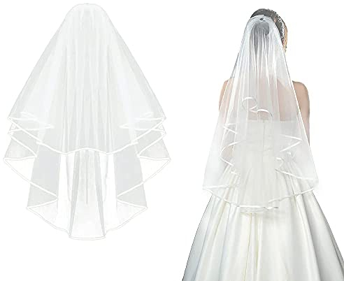 CICILIAYA Brautschleier Kurz Elegant - Tüll Mit Kamm, Ribbon Edge für JGA Junggesellinnenabschied Hochzeit Hen Party (Ivory)