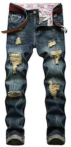 Baylvn Men's Ripped Distressed Slim Fit Holes Denim Jeans, 9950 Navy Blue, 34