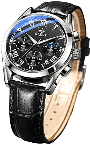 OLEVS Men Watch Leather Strap Moon Phase Casual Classic Analog Quartz Calendar 3ATM Waterproof Luminous Men Wrist Watches