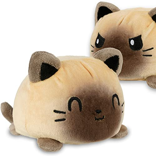 AllBlue Products Wende Plüschtier, Flip Plüschtier - Positiv/Grimmig Stimmungskuscheltier als Geschenke für Frauen, Kinder, Freundin, Glücksbringer (Katze Siam)