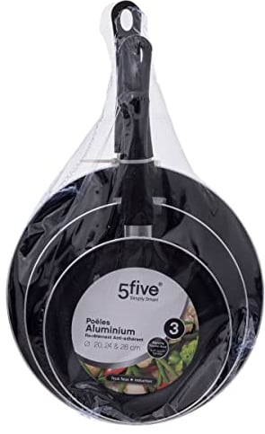 Five - Lot de 3 Poêles en Aluminium revêtement Anti-adhérent D 20 D 24 et D 28 cm Tous Feux y Compris Induction