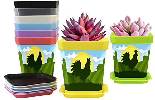 8er-Pack Kunststoff Pflanzensetzlinge Kinderzimmer Topf Friseur Werkzeuge Hahn Silhouette in Green Hills Sun Cloud Muster Blumentopf mit Tablett, 8 Farben