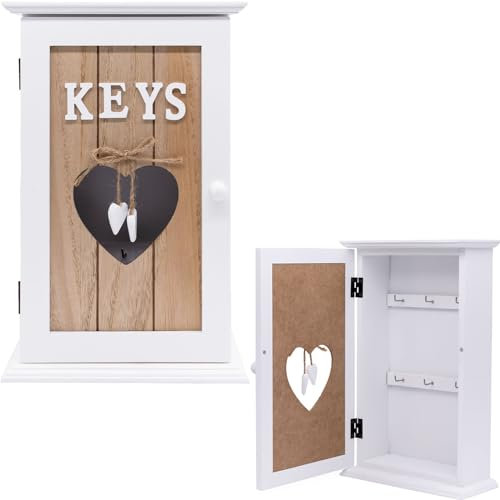 Maison Des Cadeaux Wall Mounted Wooden Key Cabinet with Heart Keyhole Design - 6 Key Hook Storage Box Holder