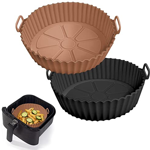 2 Pack Air Fryer Silicone Liners Pot for 3 to 5 QT, Air Fryer Silicone Basket Bowl, Replacement of Flammable Parchment Paper, Reusable Baking Tray Oven Accessories, Brown+Blk, (Top 8in, Bottom 6.75in)
