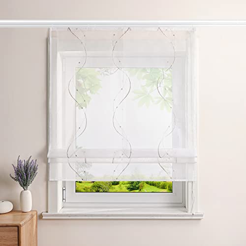 Heichkell Voile Raffrollo mit Klettband Transparent Raffgardinen Vorhang mit Stickerei Wohnzimmer Gardine Sand BxH 140x140cm