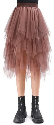 Tüllrock Damen Lang 80CM Elastische Tüll Rock Unregelmäßiges Netz Täglich, Abschlussball, Party(Taillenumfang: 60-78cm, Braun)