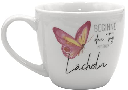 Maxi - Kaffeebecher/Tasse aus Porzellan, Motiv: Beginne den Tag mit einem Lächeln, Größe H/Ø: 9,2 x 10,5 cm, Fassungsvermögen 400 ml, Spülmaschinengeeignet.