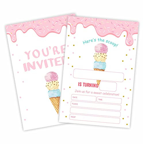 Einladungskarten mit Eiscreme-Motiv, Here'S The Scoop, mit Umschlägen, zum Ausfüllen, stilvolle Einladungskarten für Jungen, Mädchen, Kinder, Geburtstagsparty-Zubehör, A08