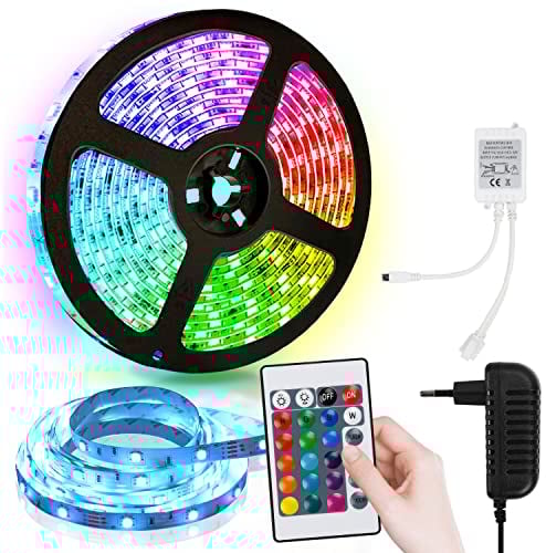 Izrielar LED Strip 3m RGB Streifen, 5050 Leds Strips, Lichterkette mit Fernbedienung und Netzteil 15 Farbwechsel 4 Modi, Lichtband Selbstklebend, für Haus, Party, Küche, Christmas Deko, Farbig