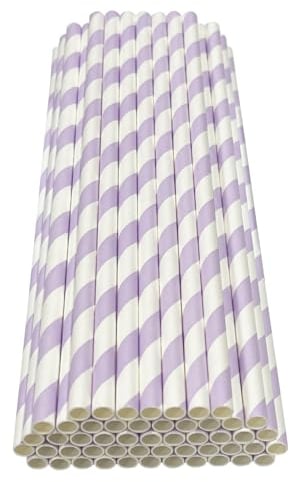 Haobase 50Pcs Paper Drinking Straws, Biodegradable Paper Straws for Drinking Cocktail, Coffee, Cold Drinks (Stripes Pattern) (White/Light Purple Stripes)