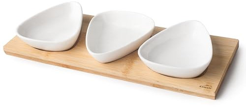 LACOR - 61241 - Bandeja de Bambú, Bandeja de Aperitivos 100% Bambú y Porcelana, 3 Compartimentos, Fácil Limpieza, Apta para Lavavajillas, Ideal para Servir Aperitivos, Capacidad de cada Cuenco: 90 ml