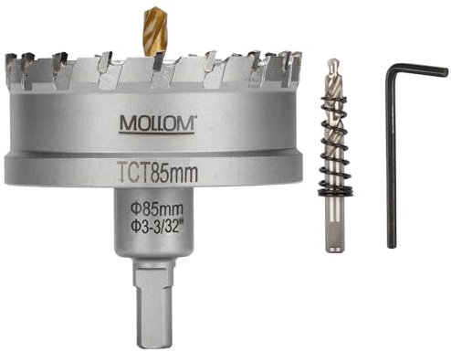 Mollom (85mm | 3-3/32) Scie cloche en carbure pour usage intensif avec 2 forets pilotes, coupe l'acier inoxydable, l'acier doux, le fer, le cuivre, le laiton et le plastique