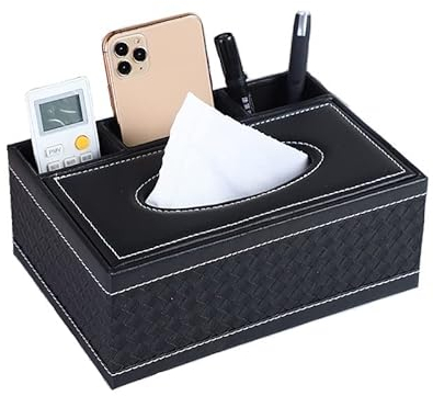 Caja de pañuelos Rectangular de Piel sintética 1 Pieza Caja de pañuelos, Soporte Multifuncional para pañuelos para el hogar, Caja de Almacenamiento de Escritorio, Negro