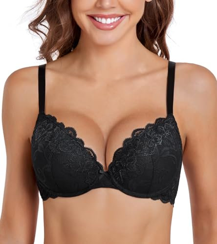DotVol Damen Push Up BH mit Bügel Blumen Spitze Schalen Unterwäsche Gepolstert Elegant T-Rücken Bra(Schwarz, 85A)