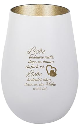 Der-Porzellan-Laden Windlicht mit Gravur Liebe bedeutet Nicht, Weiß Gold, Teelichthalter aus Glas mit Spruch, Tischdeko modern