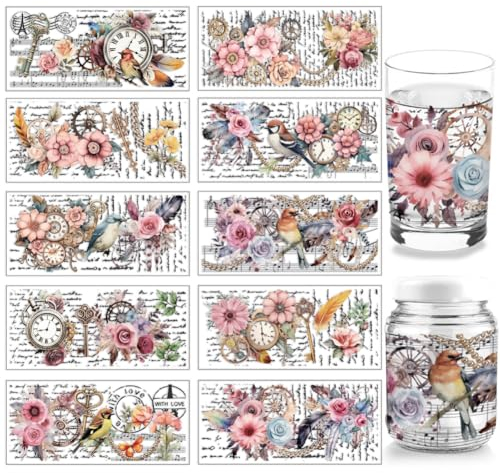 arricraft 10 Blatt UV DTF Cup Wrap, 10 Stil Vintage Blumen Vogel Uhr Worte Rubbelbilder PVC Transferaufkleber Wasserfest Rubbelbilder Für DIY 16OZ Glas Tassen Möbel Holz
