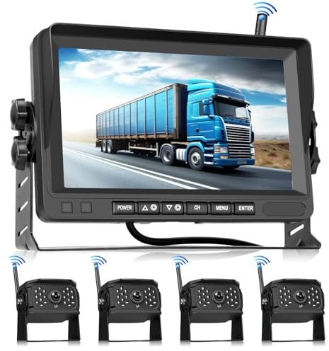 Hodozzy Digital Wireless Reversing Camera Kit Monitor 4 Cameras Split Screen 7 Inch Waterproof Night Vision Front Rear Side View Camera for Trailer Truck Camper 12V-24V-36V Recording Video Playback