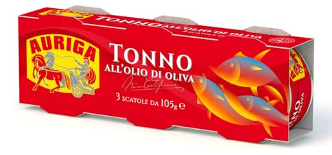 Tonno Auriga all'olio di oliva 105gr. Confezione da 3 lattine. Qualità pinne gialle. Fonte di proteine. Senza conservanti.