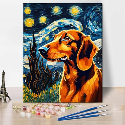 TISHIRON Animals Paint by Numbers for Adults Dog DIY Acrylic Paint by Numbers Kits on Canvas Starry Sky Adult Paint by Number Nightscape Painting by Numbers for Home Wall 16x20(Frameless)