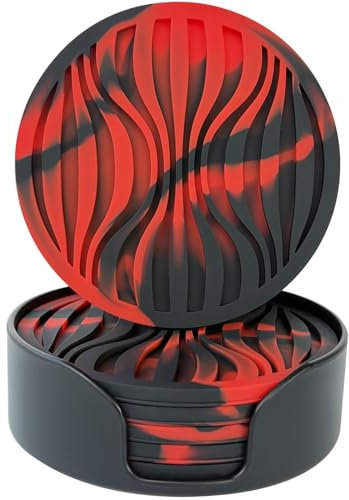 Silicone Coaster Set of 6 Pieces with Silicone Cup Holder,Drinking Coasters, Cup Mat for Drinks,Live for Hot or Cold Drink Thickened, Non-Slip, Non-Stick (Black and Red Camouflage)