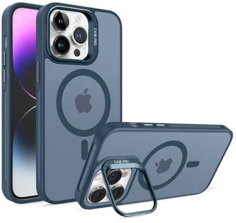 VEN-DENS Case for iPhones, Compatible with MagSafe, Built-in Camera Stand, Military Grade Shockproof Protection, Anti-Fingerprint Translucent Cover (Blue, iPhone 15 Pro)