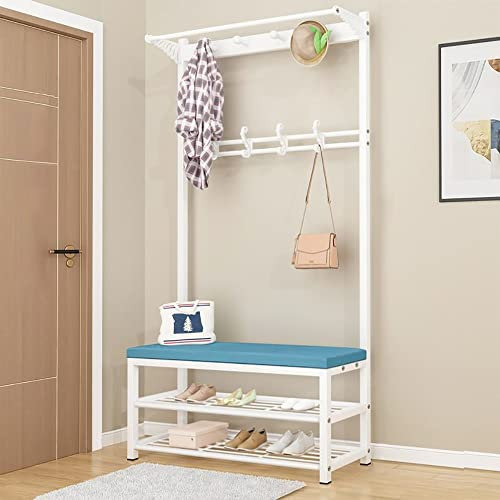 CRBUDY Porte-Manteau en métal pour tringles à vêtements Lourdes avec Banc à Chaussures, Arbre d'entrée 3 en 1 avec 10 Crochets et étagère à Chaussures à 2 Niveaux, Porte-Manteau Inrial/D/