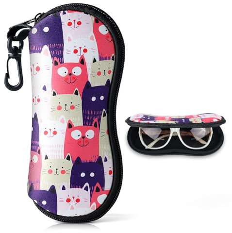 Playexen Porta Occhiali Morbida con Cerniera per Uomo & Donna Custodia per Occhiali da Sole in Neoprene Morbida & Ultraleggero Custodia Occhiali da Borsa Portatile con Moschettone(Testa di Gatto-Rosa)