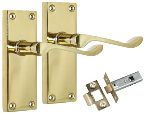 Brass Plated Scroll Door Handle Set - Victorian Style Internal & External Lever Door Handles with Backplate 118mm x 42mm Sets (1 Pair of Handles + Tubular Latch)