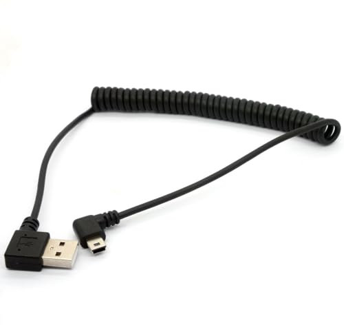 Unifizz Coiled Mini USB Cable, Right Angle Charging and Sygn Mini USB Adapter Lead 1.5meter 90 Degree Spring USB 2.0 to Mini USB Cable Cord