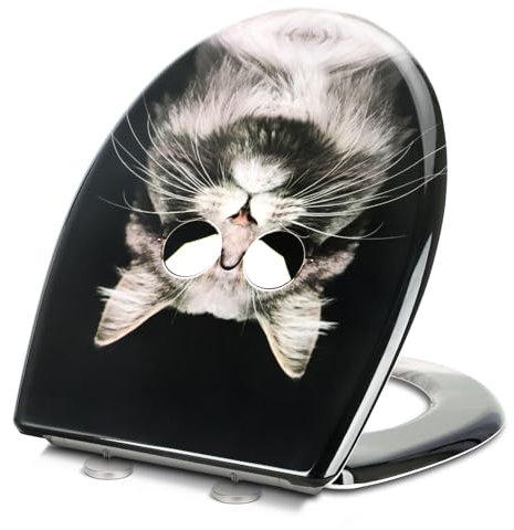 Premium WC-Sitz Toilettensitz mit Absenkautomatik, YOTOREE Toilettendeckel, O Form Duroplast Klodeckel mit Verstellbaren Scharnieren, Quick-Release Funktion für einfach Reinigung, Schwarze Katze