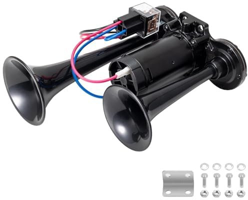 12V 140dB Drucklufthorn Lufthorn, LKW Hupe, Doppelrohr Horn, Chrom Zink Dual Trumpet Air Horn mit Kompressor für alle 12V Fahrzeuge LKW Zug auto van boot motorrad usw, Schwarz