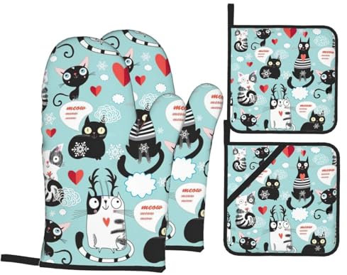 Guanti da forno con stampa di gatti bianchi e neri, set da quattro pezzi, guanti resistenti al calore e termoisolanti