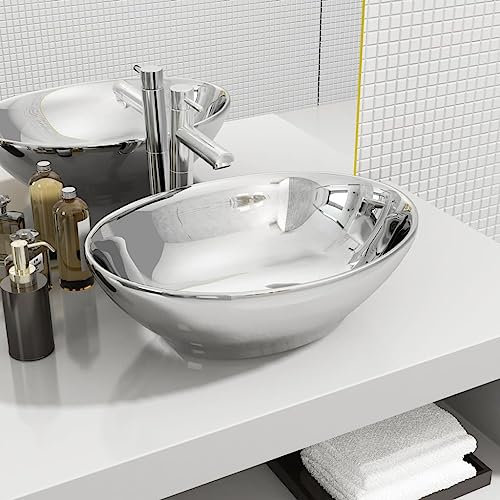 Myheimly Waschbecken Keramik Oval 40x33cm Aufsatzwaschbecken Waschtisch Silber
