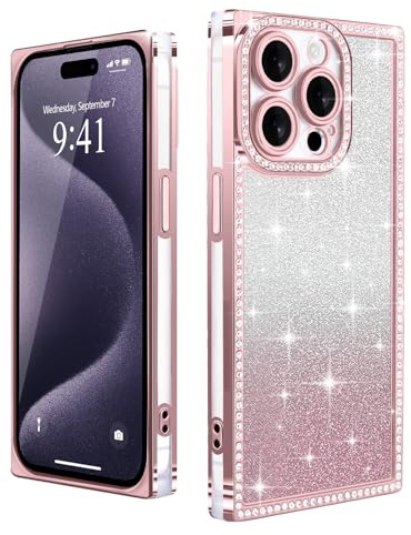 Urarssa for iPhone 15 Pro Max Case Glitter, Rectangle Edge Design, Pink | Cute Bling Sparkly Case with Luxury Diamonds for Women Gilrs, Transparent Soft TPU Slim Shockproof Cover
