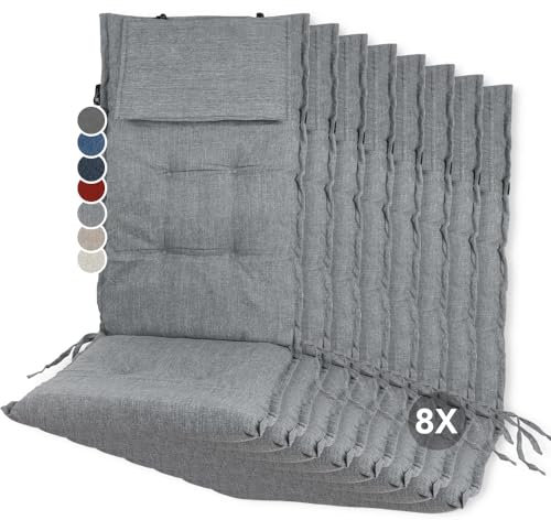 slaaviinoo Hochlehner Gartenstuhlauflagen 8er Set - Wasserabweisende Sitzauflage für Terrassenmöbel, UV-500h Schutz mit abnehmbarem Kopfpolster - Oeko-TEX Zertifiziert - Morgenmistgrau (120×50×6cm)