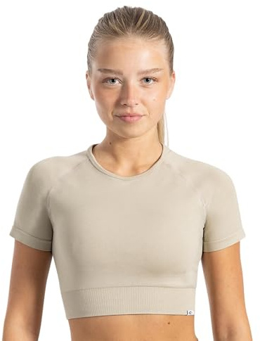 SMILODOX Crop Top Damen Elna, figurbetontes T-Shirt mit Rundhalsausschnitt, kurzen Ärmeln & Rippbund, Funktionsshirt glattes Material & bauchfrei, ideal für Alltag, Freizeit, Training & Studio-Outfits