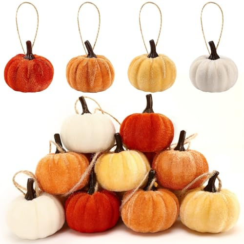 16 Pcs Fall Thanksgiving Hanging Ornaments, Autumn Velvet Fabric Wrapped Pumpkin Pendant for Farmhouse Harvest Halloween and Home Party Decor