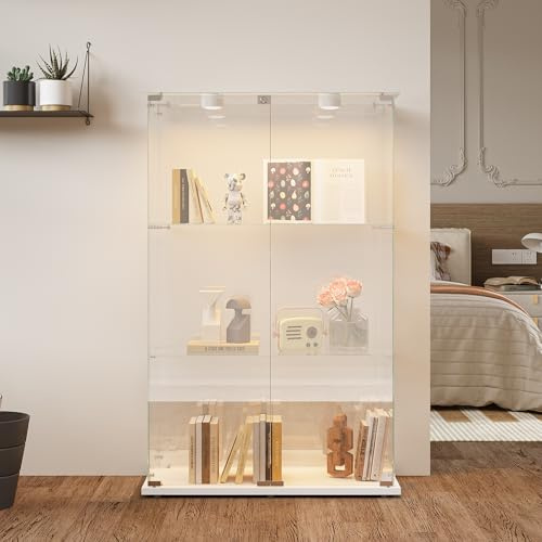 Sempoda Vitrine en verre 79 x 35 x 123 cm - Vitrine sur pied en blanc - Vitrine moderne en verre avec présentoir à 4 couches pour objets de collection, livres, vin
