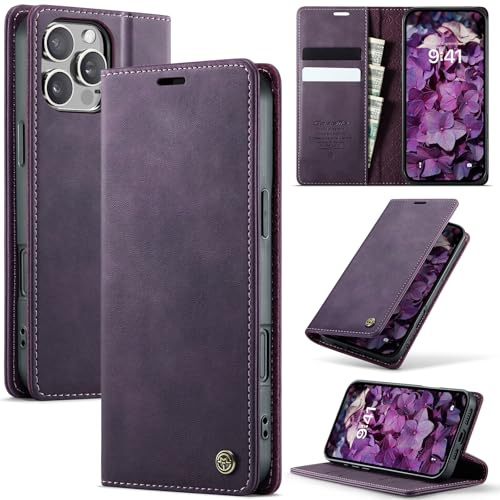 Cracedily Wallet Case for iPhone 16 Pro Max Leather Wallet Flip Cover with Card Holder, Kickstand, Magnetic Closure, RFID Blocking TPU Shockproof Phone Case Compatible with iPhone 16 Pro Max, Purple
