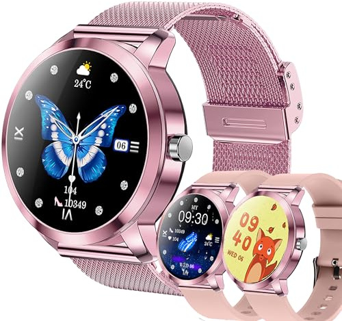 LWEARKD 1,27 Smartwatch Donna Chiamate e Risposta Bluetooth, 3 Bracciali, 123 Sport Smartwatch Cardiofrequenzimetro Pressione Sanguigna Monitoraggio del Sonno Orologio Fitness per Android iOS (rosa)