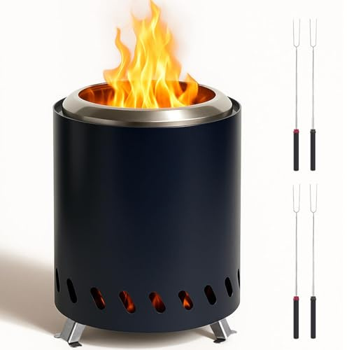 Tabletop Smokeless Fire Pit, Portable Stainless Steel Wood-Burning Fireplace with 4 Forks, for Camping, Outdoor, Patio black