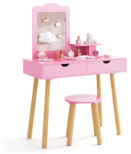DREAMADE Schminktisch Kinder mit Hocker und Abnehmbarer Spiegel, Prinzessin Frisiertisch mit Schublade Kosmetiktisch aus Holz, Kinderschminktisch für Kinder Mädchen (Pink)