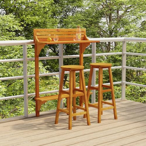 QUAHEAS 3-TLG. Balkonbar-Set Massivholz Akazie, Klappbarer Bartisch mit 2 Barhockern, Geöltes Holz für Garten, Terrasse, Outdoor Furniture Set