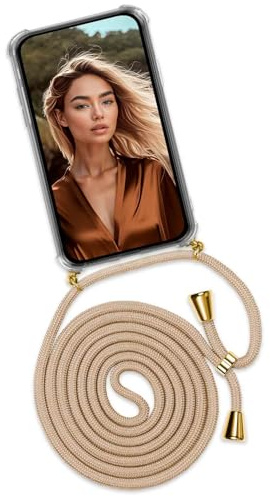 ONEFLOW Handykette für Samsung Galaxy A37 5G Hülle mit Band, Handyhülle mit Kette abnehmbar, Handyband zum Umhängen, Handy Umhängeband Lange Handykordel, Twist Case – Gold Beige