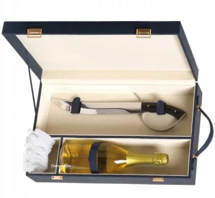 Caja azul Elite con sable y guantes blancos para vino espumoso o champán | 46 x 27,5 x 11,5 cm, botella 750 ml, cierres dorados, mango de piel, interior marfil