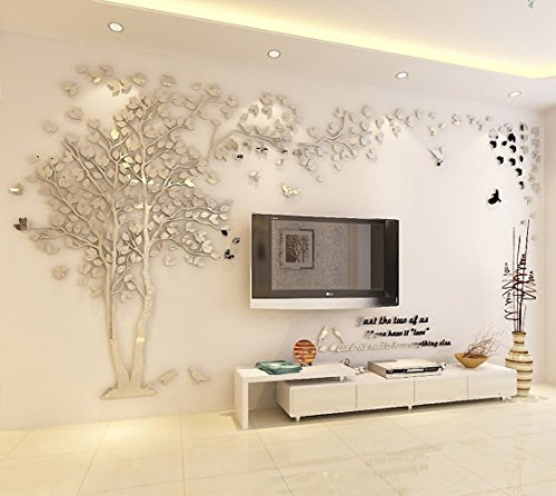 JYSPORT Stickers Muraux Arbre 3D Stickers Muraux TV Autocollants 3d Stickers Muraux 3d Plantes Stickers Muraux Décoration Mural Salon (M, Silver left)