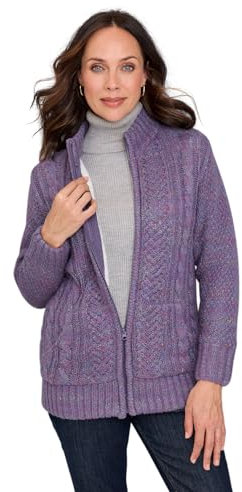 Amber Ladies Borg Fleece Lined Zip Cardigan Cable Knit Design Warm Marl Yarn with Full Zip Front Lavender 16-18