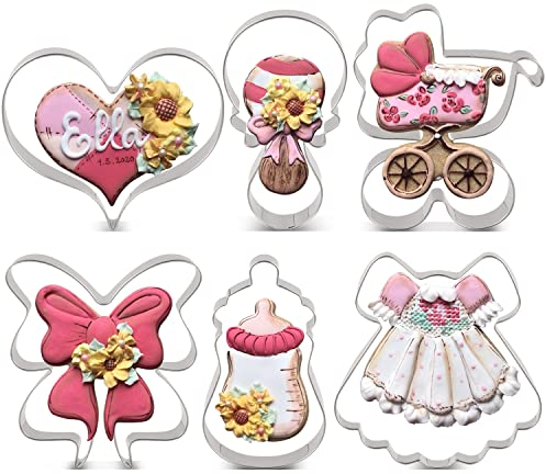 LILIAO Baby Shower Cookie Cutter Set - 6 Piece - Feeding Bottle, Rattle, Heart, Carriage, Princess Dress and Bow/Ribbon Biscuit Fondant Cutters - Stainless Steel